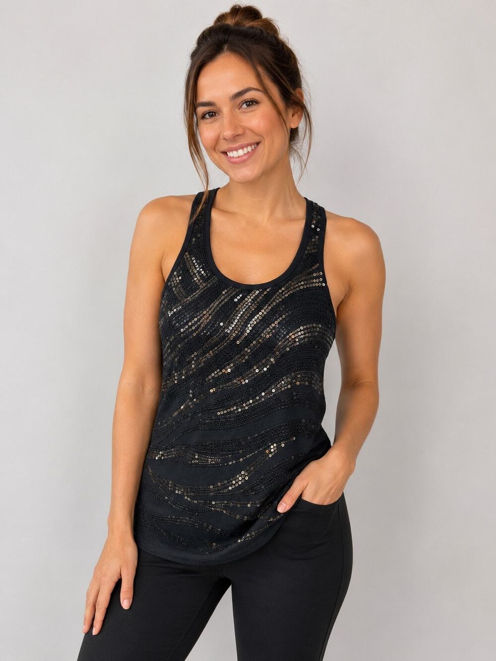 Almost Famous Black Sequin Racerback Tank Top Women’s Medium Party Club Holiday